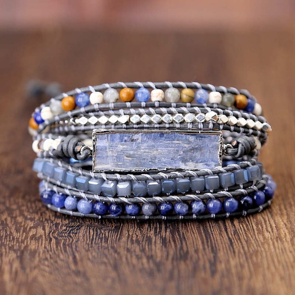 Natural Kyanite Stone Wrap Bracelet Blue Topaz Gemstone Leather Braided Bracelet